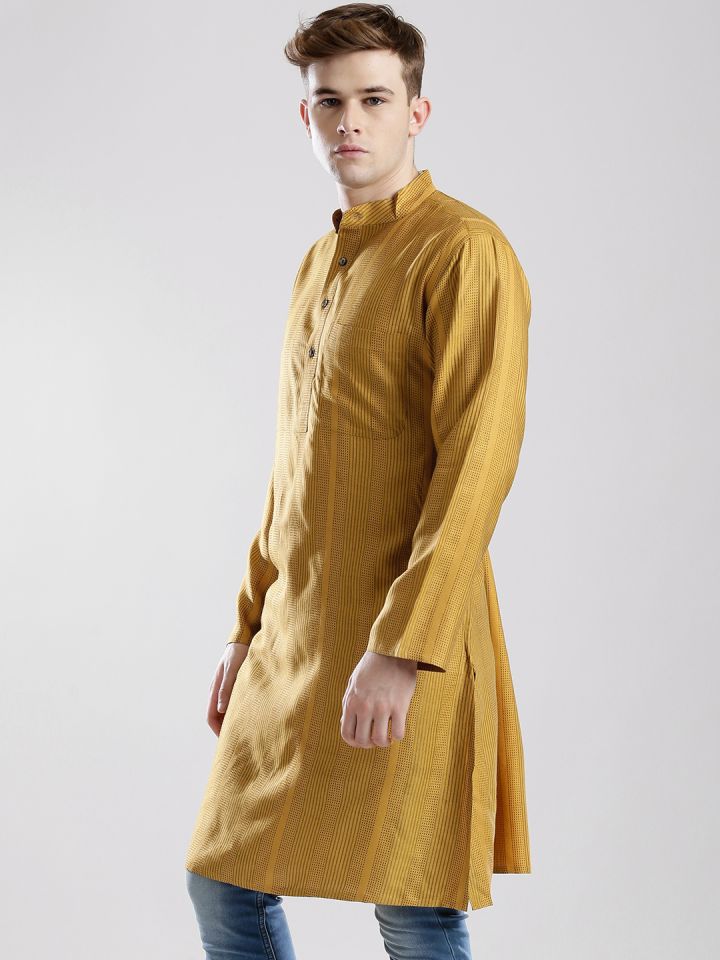 Buy Fabindia Mustard Yellow Silk Cotton Patterned Kurta Kurtas