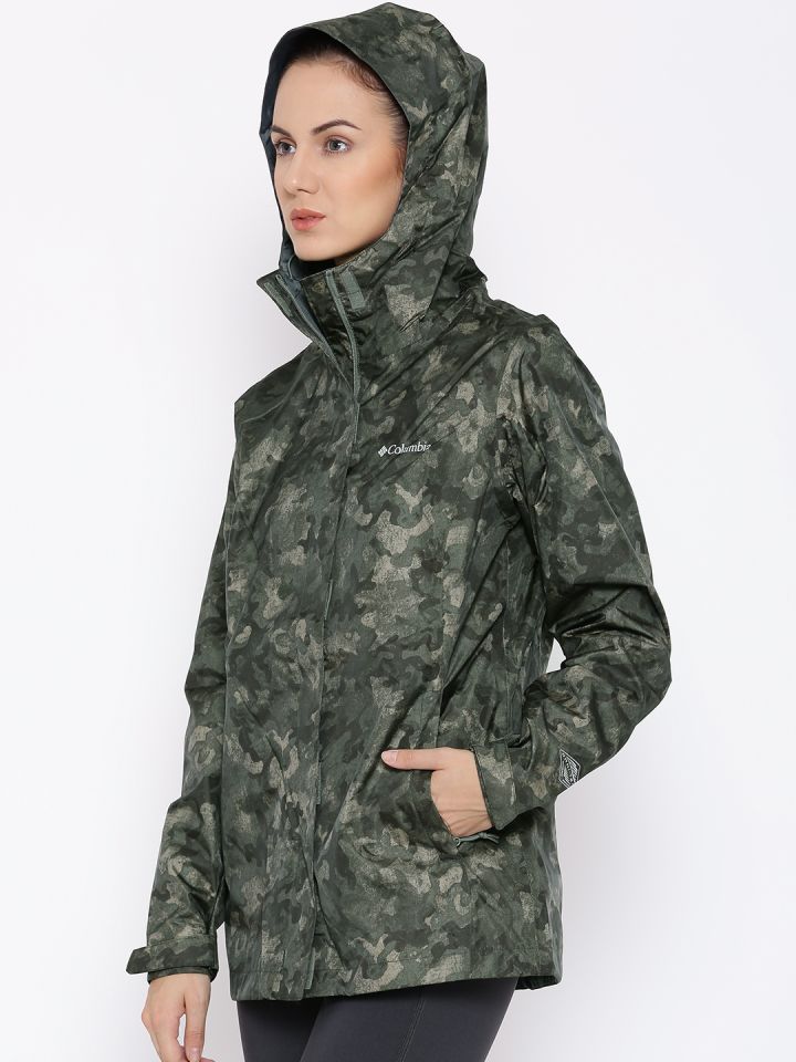 Columbia Green Arcadia Camouflage Print Hooded Outdoor Rain Jacket