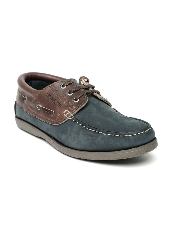 Woodland Men Navy Brown Leather Boat Shoes