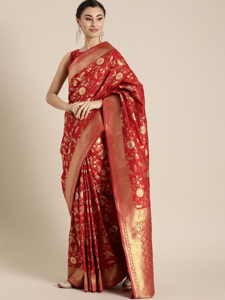 Buy Inddus Red Gold Coloured Silk Blend Woven Design Banarasi