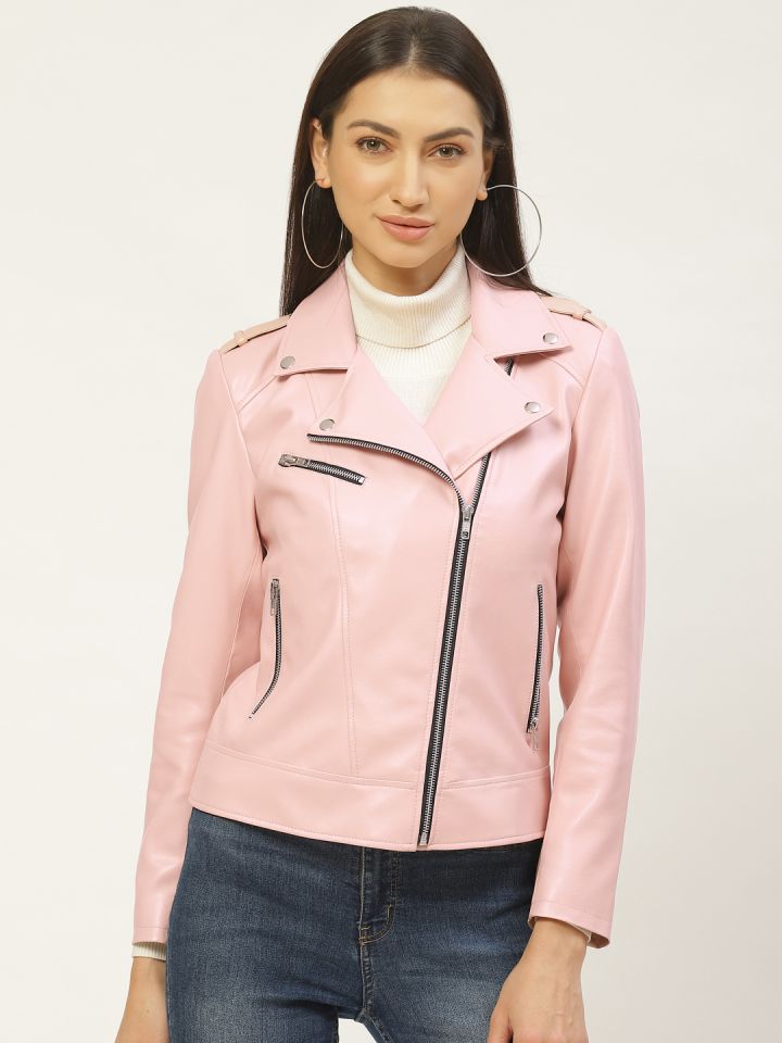 Leather Retail Women Pink Solid Lightweight Biker Jacket