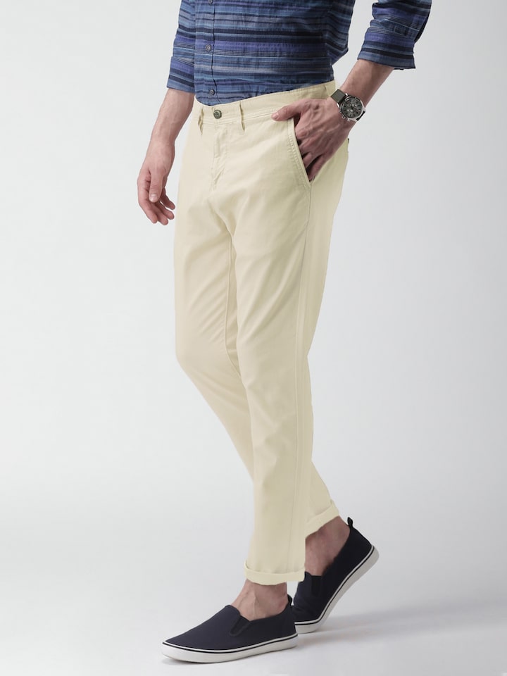 Buy Mast  Harbour Khaki Skinny Differential Length Flat Front Trousers   Trousers for Men 1368668  Myntra