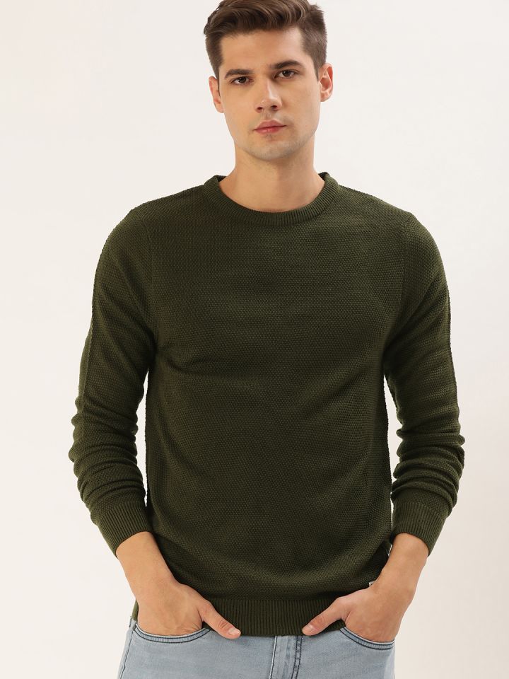Buy Flying Machine Men Olive Green Boucle Pullover Sweater