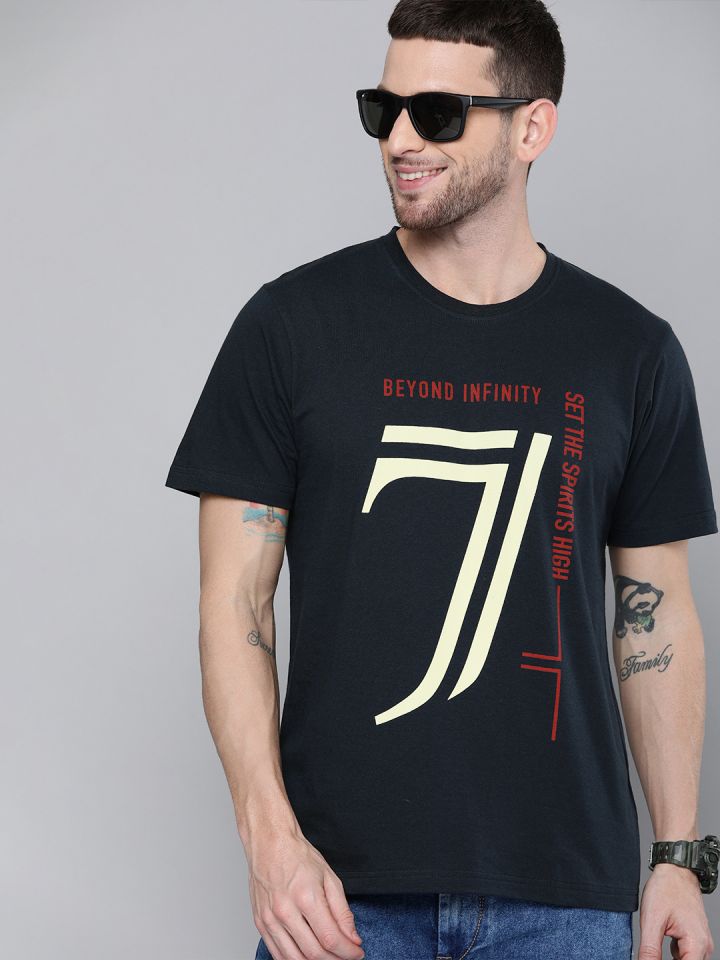HERENOW Men Navy Blue Printed Round Neck Pure Cotton T shirt