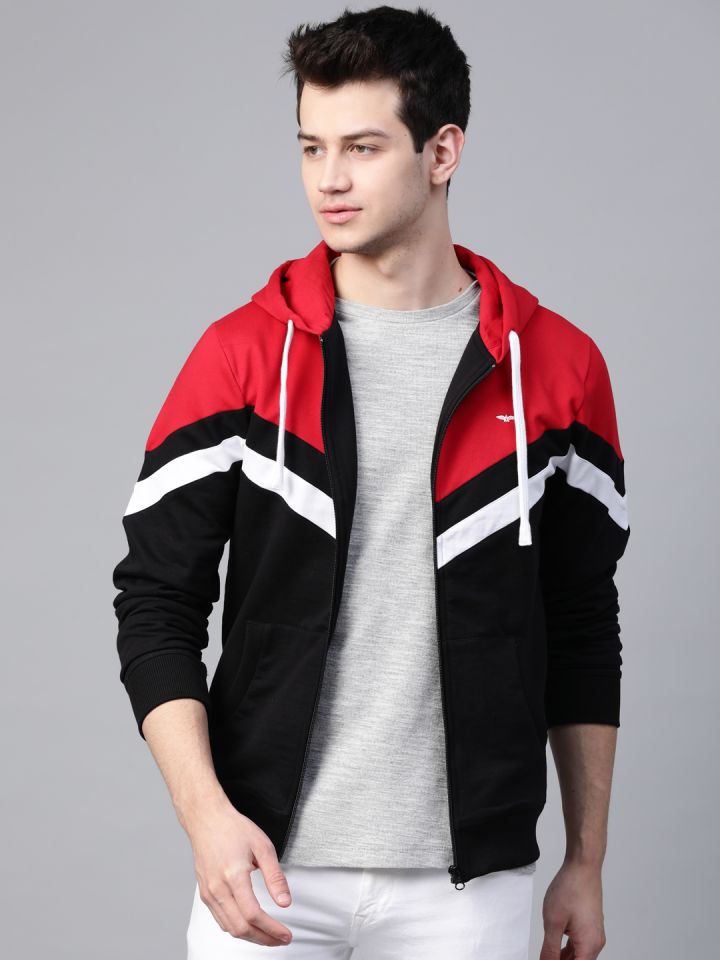 Buy Park Avenue Men Red Black Colourblocked Hooded Sweatshirt