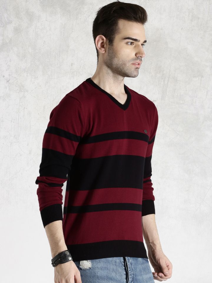 Buy Roadster Black Maroon Striped Sweater Sweaters for Men