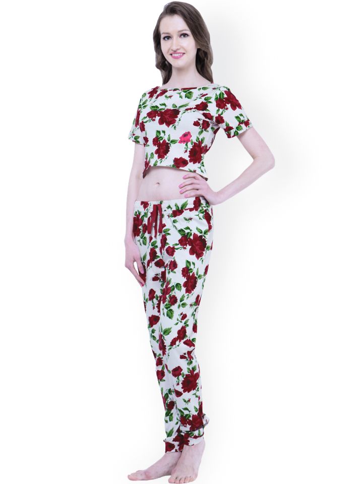 FabAlley White Red Floral Print Night Suit SLP00221
