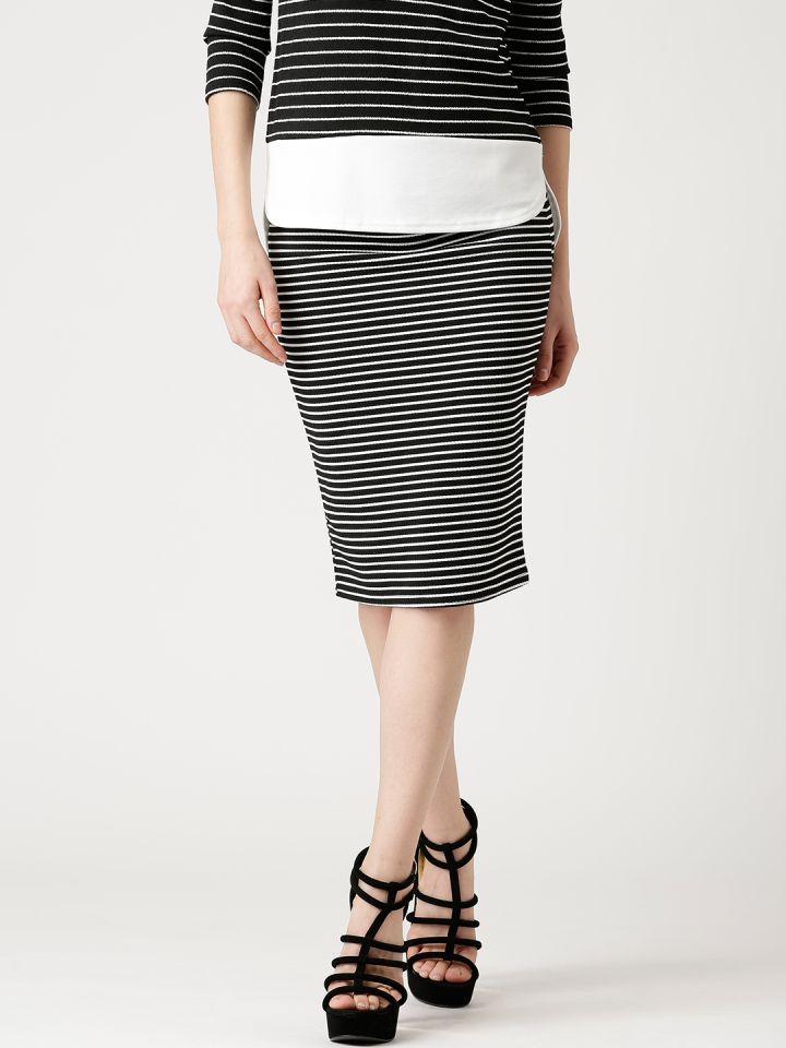 Black and white sales striped midi pencil skirt