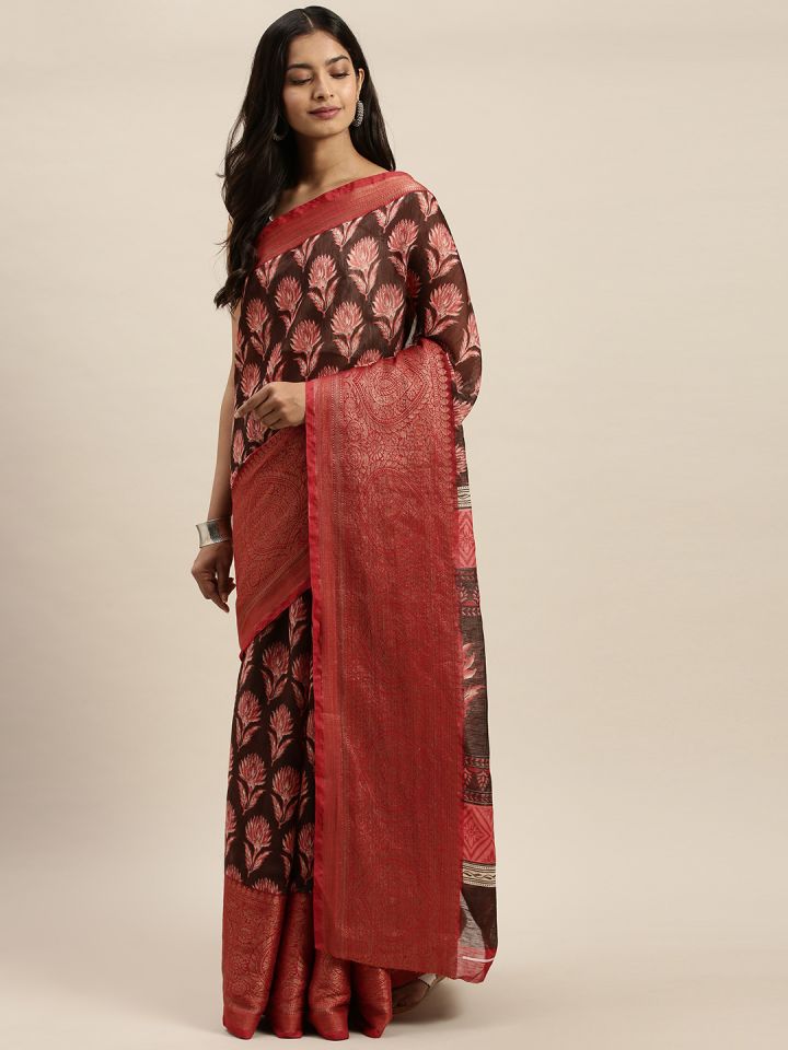 Buy Vaamsi Brown Printed Art Silk Saree Sarees for Women