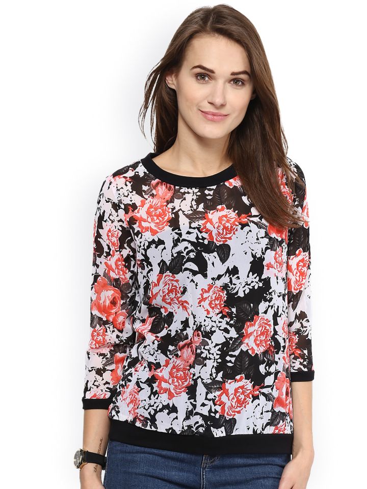 Buy Harpa White & Black Lightweight Floral Print Top - Tops for Women  1303213