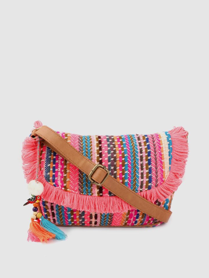 Buy Anouk Pink & Blue Self Striped Sling Bag With Tasselled Detail