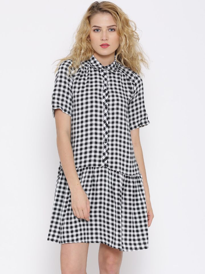 MANGO Black White Gingham Check Tailored Dress