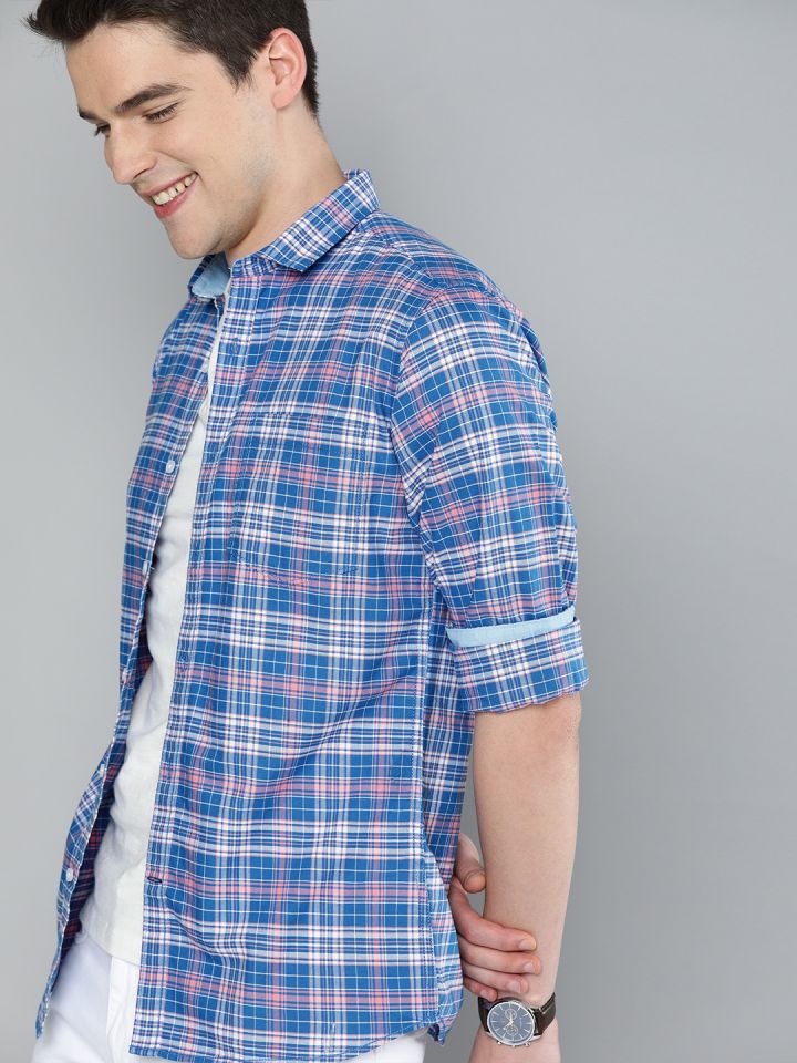 Mast Harbour Men Blue White Regular Fit Checked Casual Sustainable Shirt