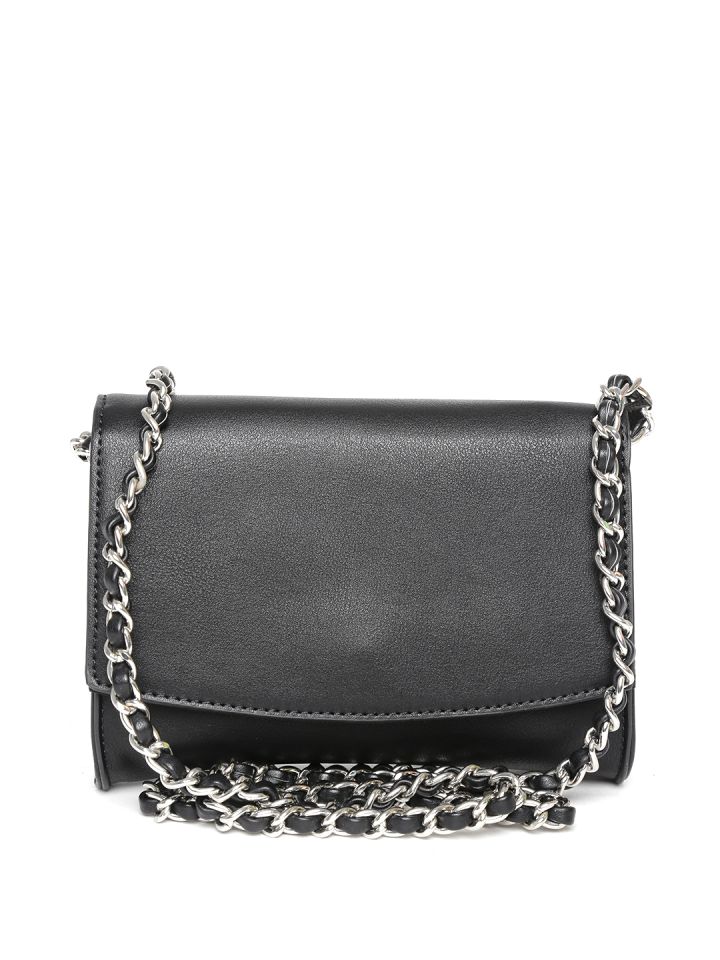 black sling bag with silver chain