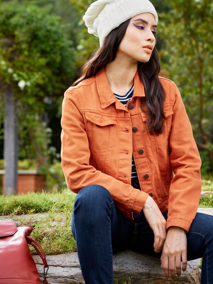 Tokyo Talkies Women Rust Orange Solid Denim Jacket