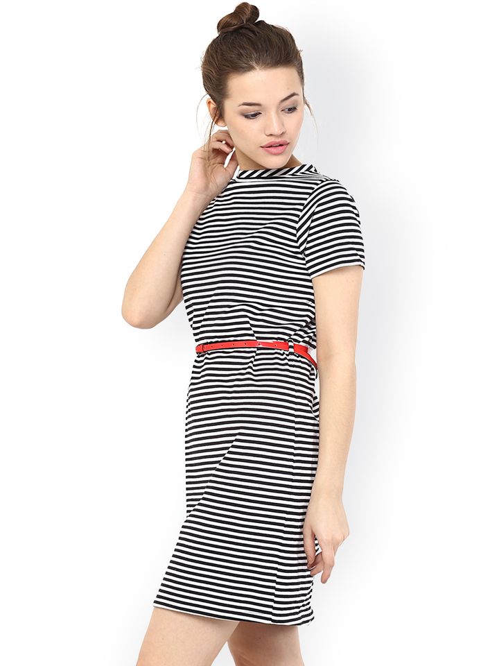 White Striped Belted Dress - Dresses 
