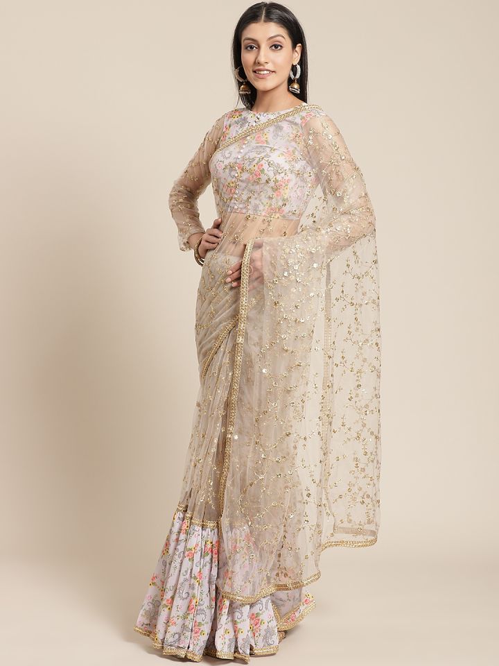 Buy Inddus Grey Golden Net Embroidered Ruffled Saree Sarees