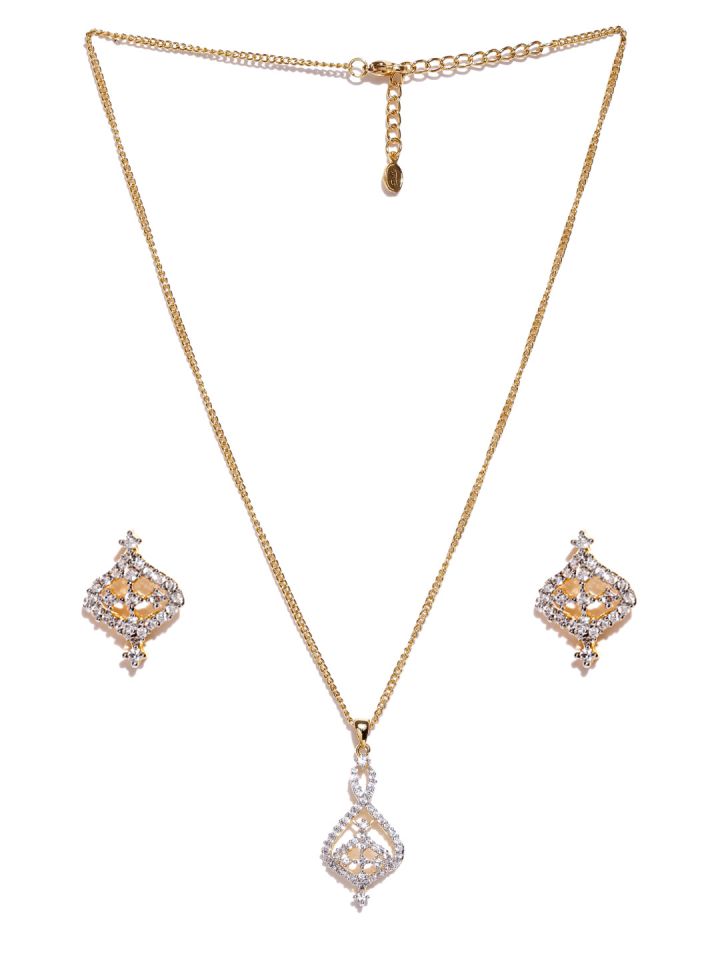Estelle Gold Toned Stone Studded Earrings And Pendant Set Jewellery For Women 1345261 Myntra - Estelle Pendant Set