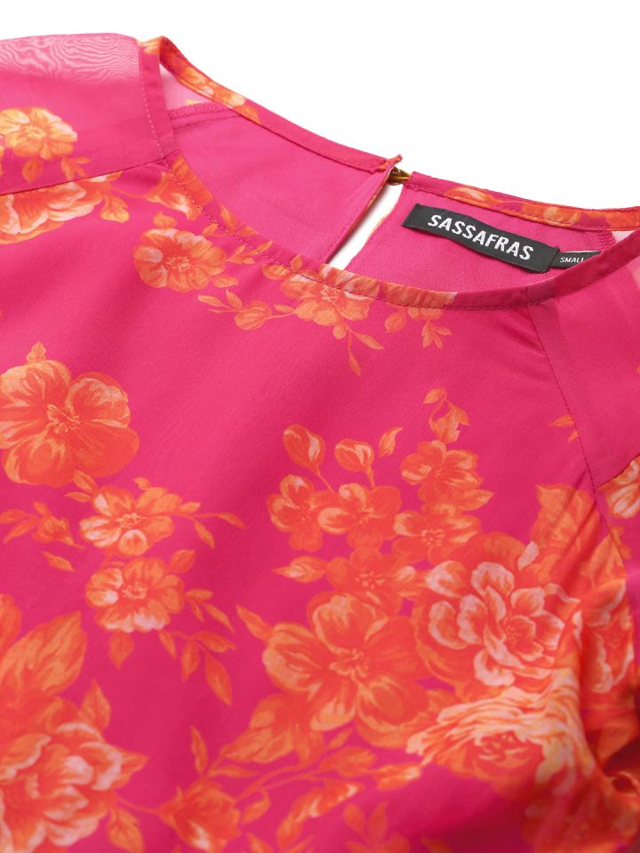 SASSAFRAS Pink Orange Floral Printed Tiered A Line Dress With Puff Sleeves