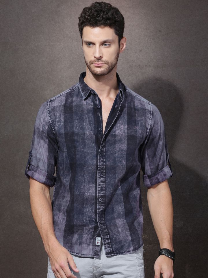 Roadster men blue denim washed best sale casual shirt