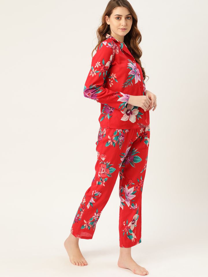 ETC Women Red Magenta Floral Printed Night Suit