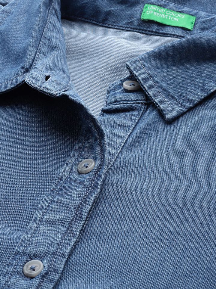Buy United Colors Of Benetton Women Blue Tencel Solid Denim Shirt