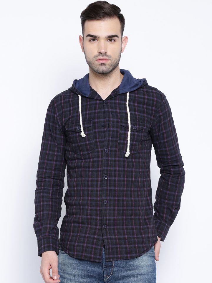 Buy WITH Navy & Purple Checked Hooded Slim Fit Casual Shirt - Shirts for Men  1365251