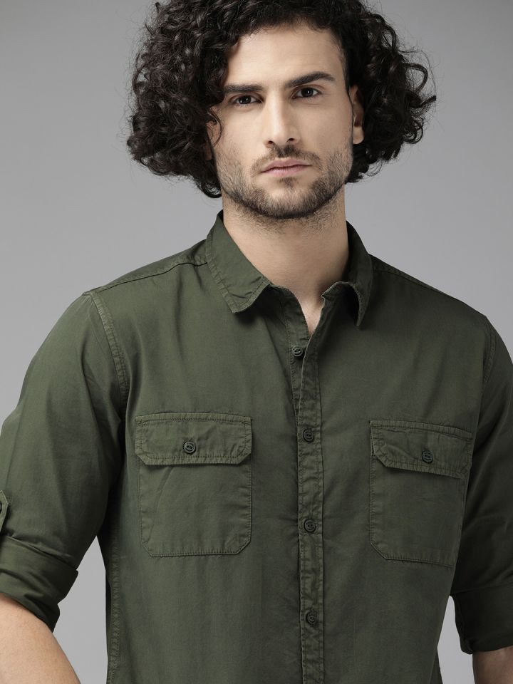 Buy The Roadster Lifestyle Co Men Olive Green Pure Cotton Casual