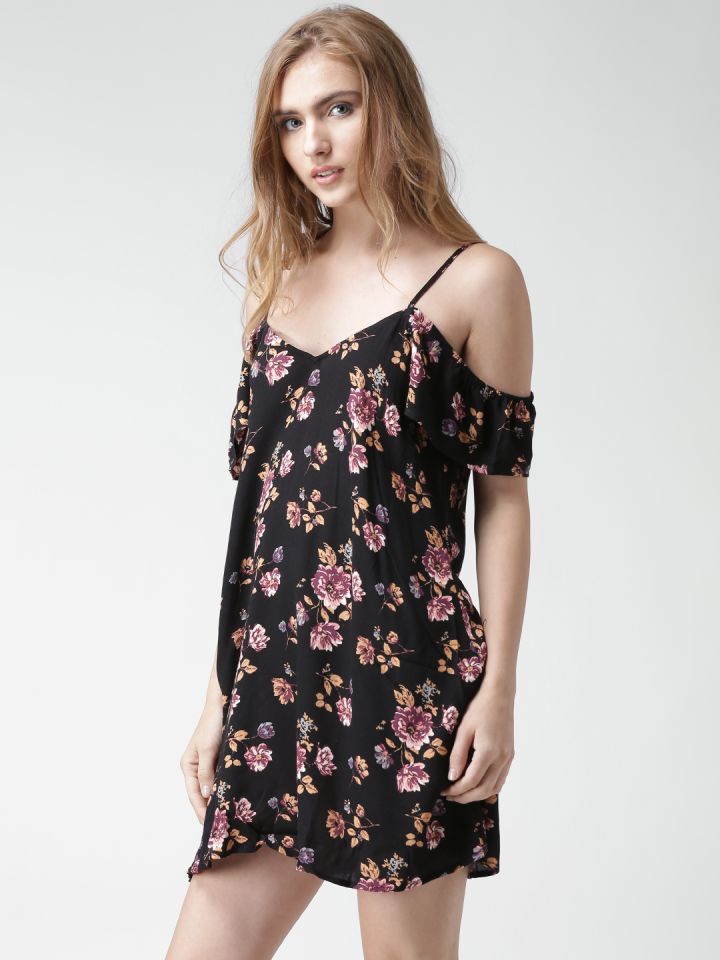 Buy FOREVER 21 Black Floral Print Cold Shoulder A Line Dress