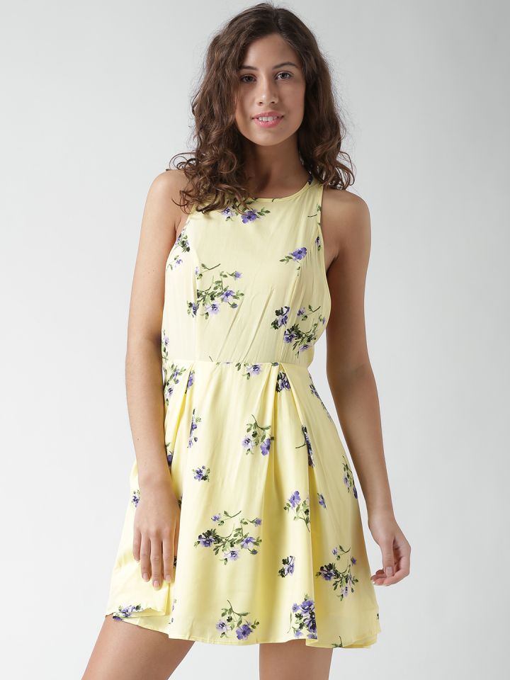 FOREVER 21 Yellow Floral Print Fit Flare Dress