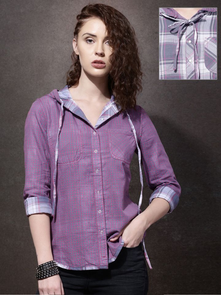 hooded checked shirts for womens