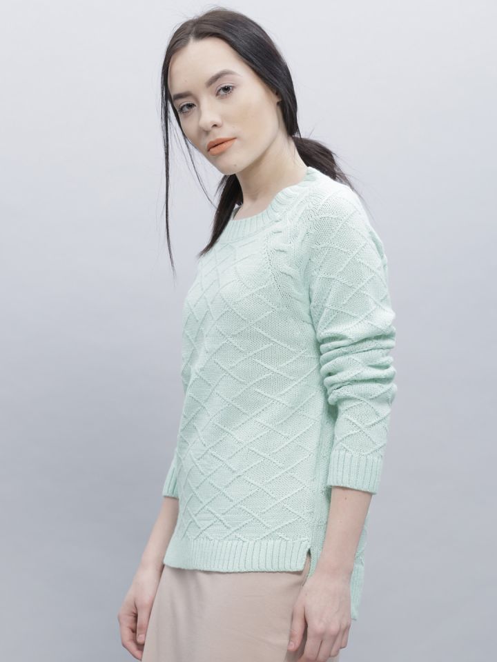 ether Women Mint Green Self Design Sweater