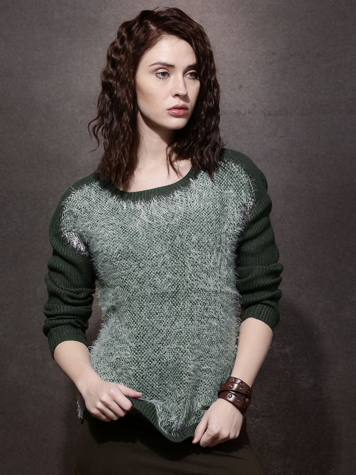 Buy Roadster Women Green \u0026 Grey Fuzzy 