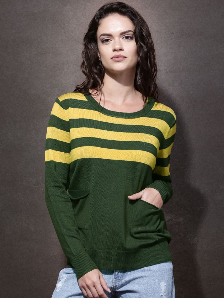 Buy Roadster Women Olive Green Yellow Striped Sweater