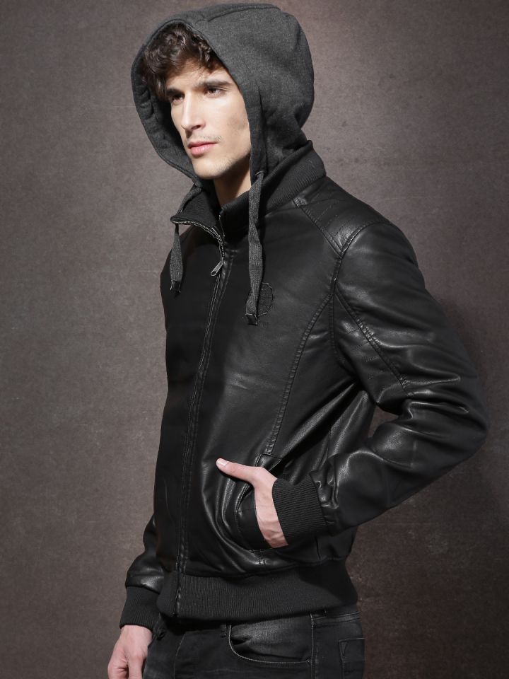 Mens black bomber top jacket with hood