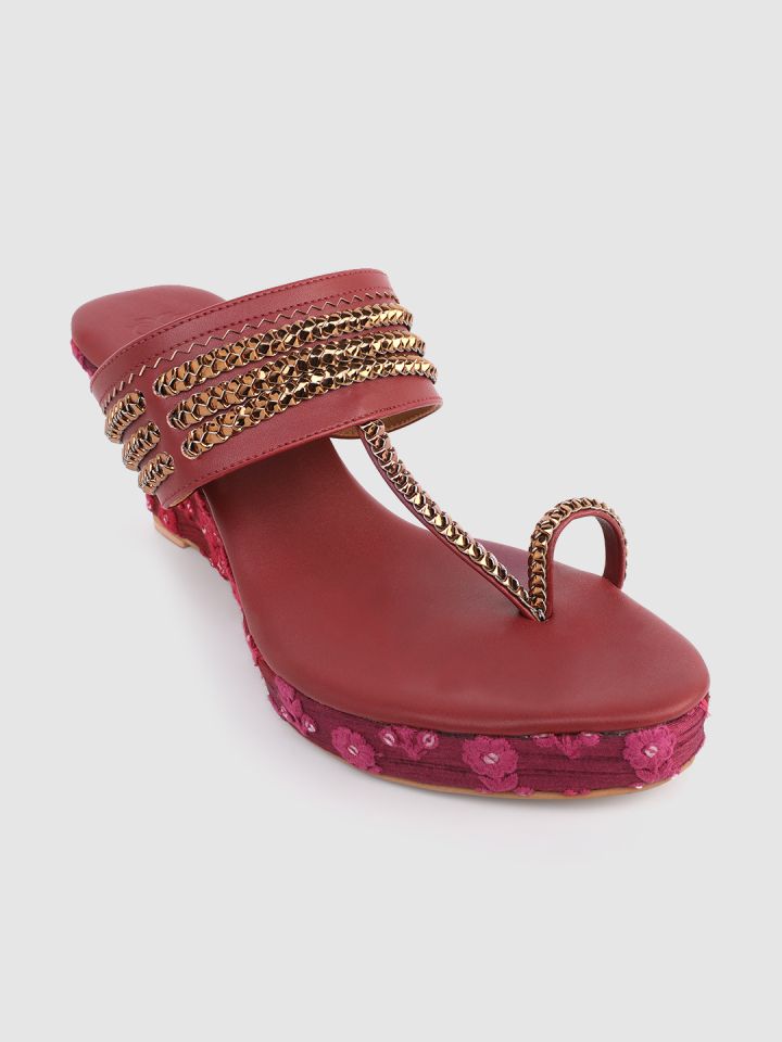 House of Pataudi Women Maroon Embellished Handcrafted Wedges