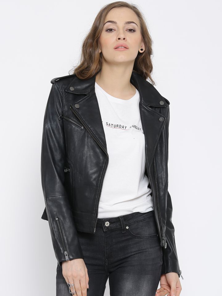MANGO Black Leather Biker Jacket