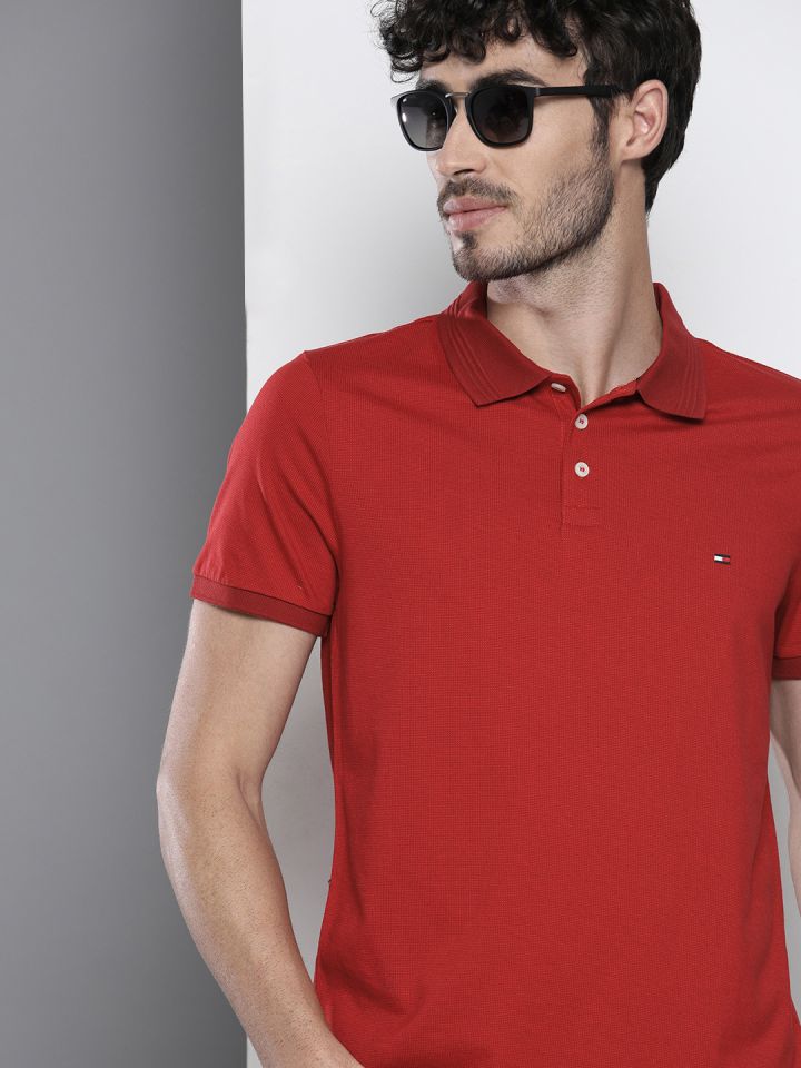 Tommy Hilfiger Men Red Slim Fit Solid Polo Collar Pure Cotton T shirt