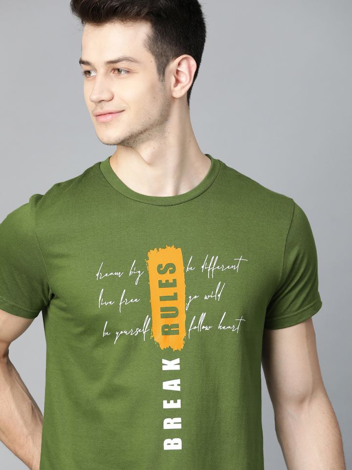 HERENOW Men Olive Green White Typography Printed Pure Cotton T-shirt (M) by Myntra