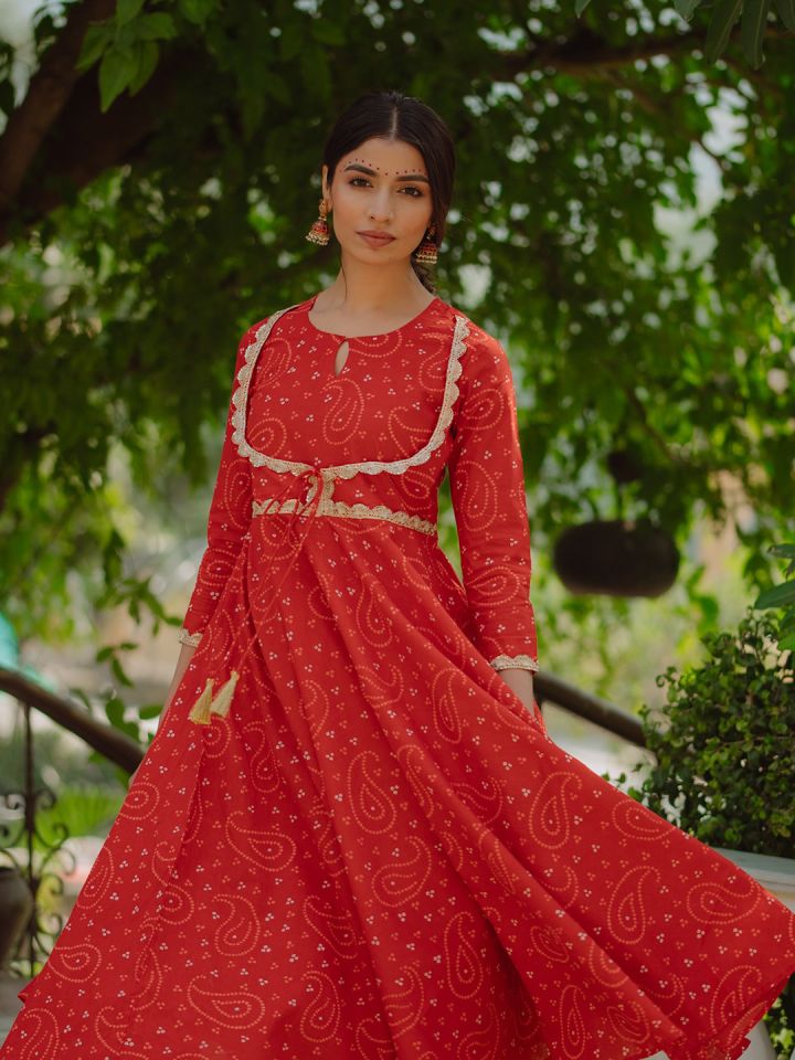 Buy Anayna Women Maroon Beige Bandhani Printed Kurta With Salwar