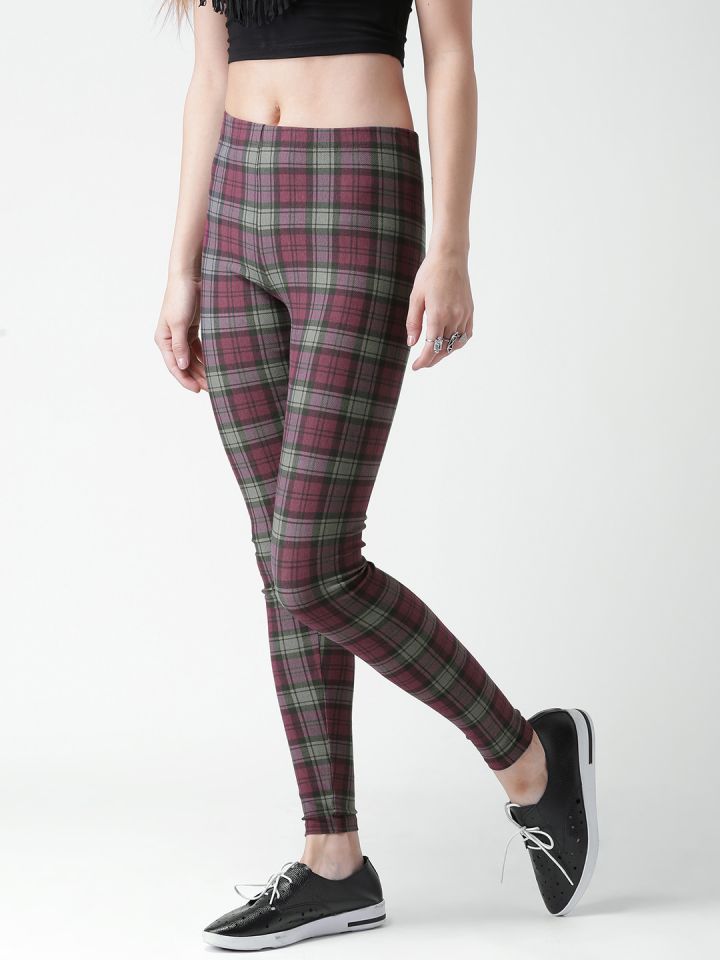 FOREVER 21 Burgundy Grey Checked Leggings
