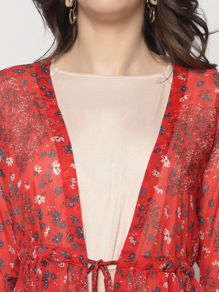 Buy Sera Women Red Teal Floral Printed Tie Up Shrug Shrug for