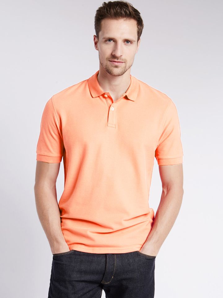 Buy Marks Spencer Men Light Orange Solid Slim Polo Collar Pure