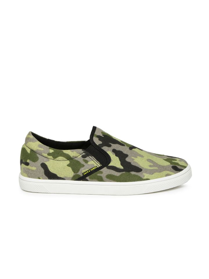 Jack Jones Men Olive Green Grey Camouflage Print Slip On Sneakers