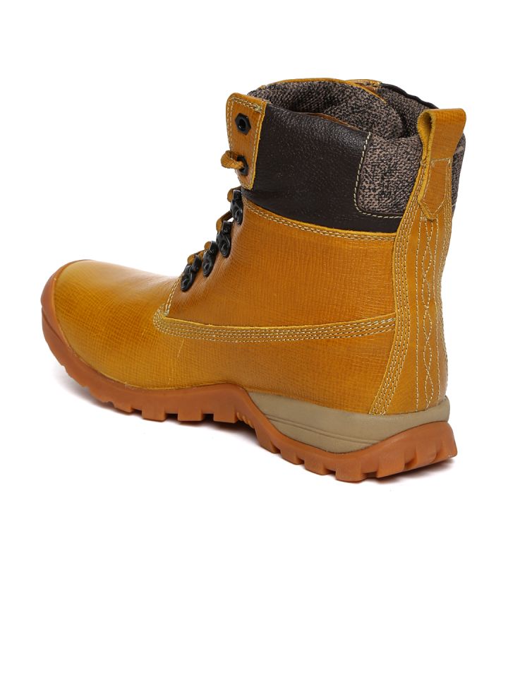Woodland Men Tan Solid Leather High Top Flat Boots