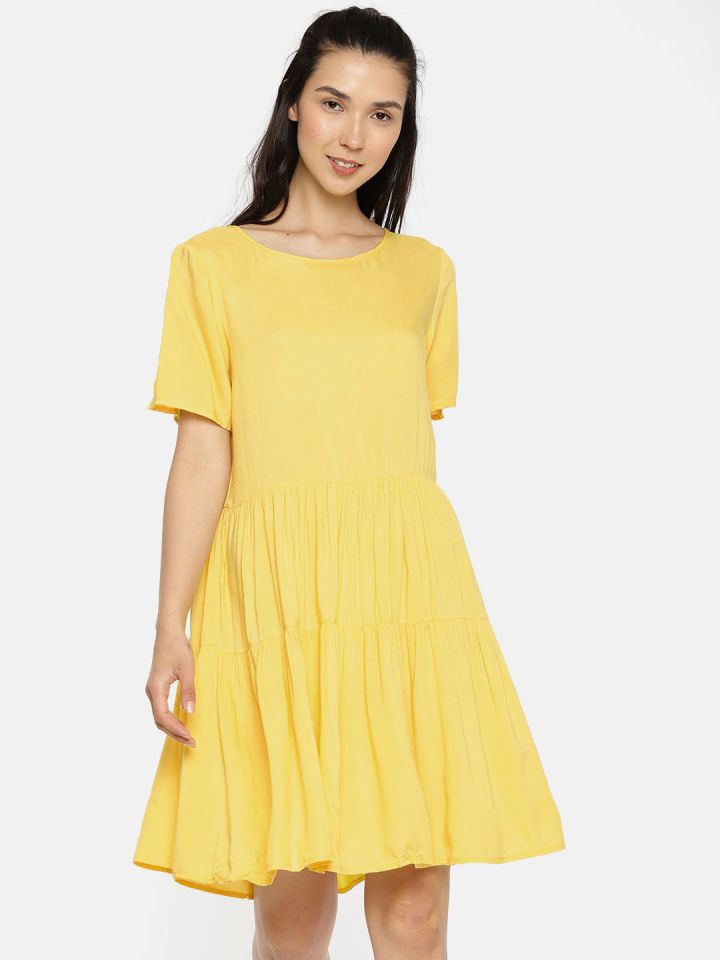 Buy Vero Moda Yellow Pleated A Line Tiered Dress Dresses for