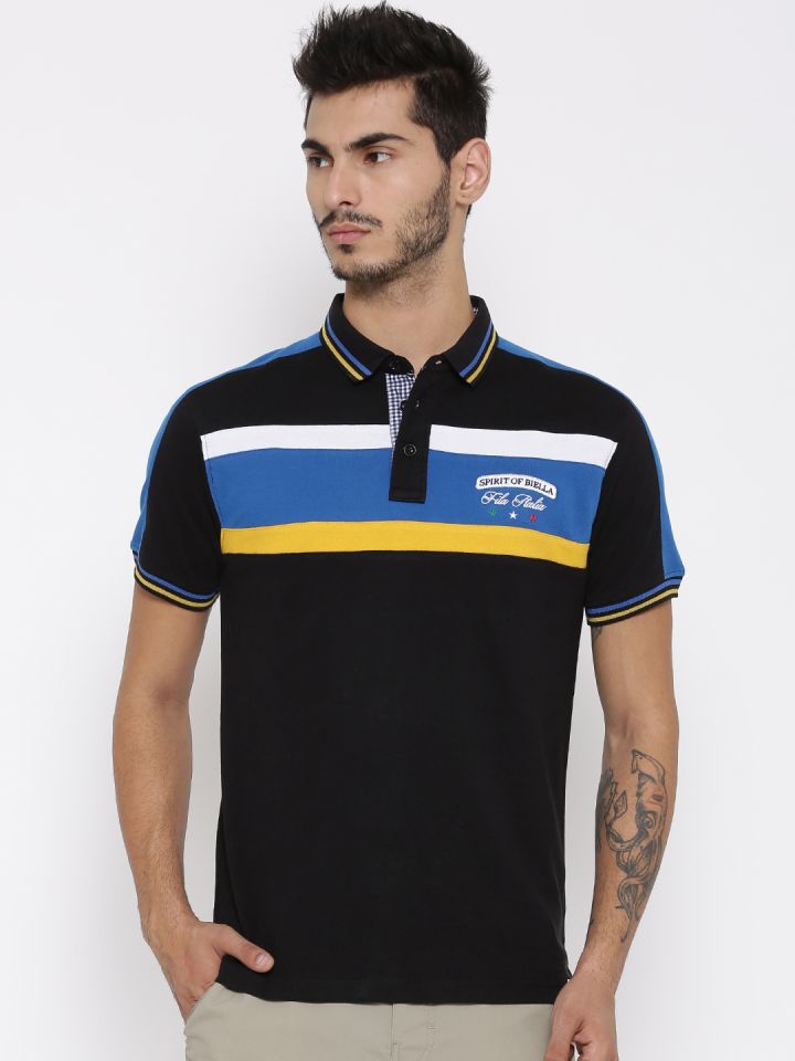FILA Men Black Striped Polo Pure Cotton T shirt