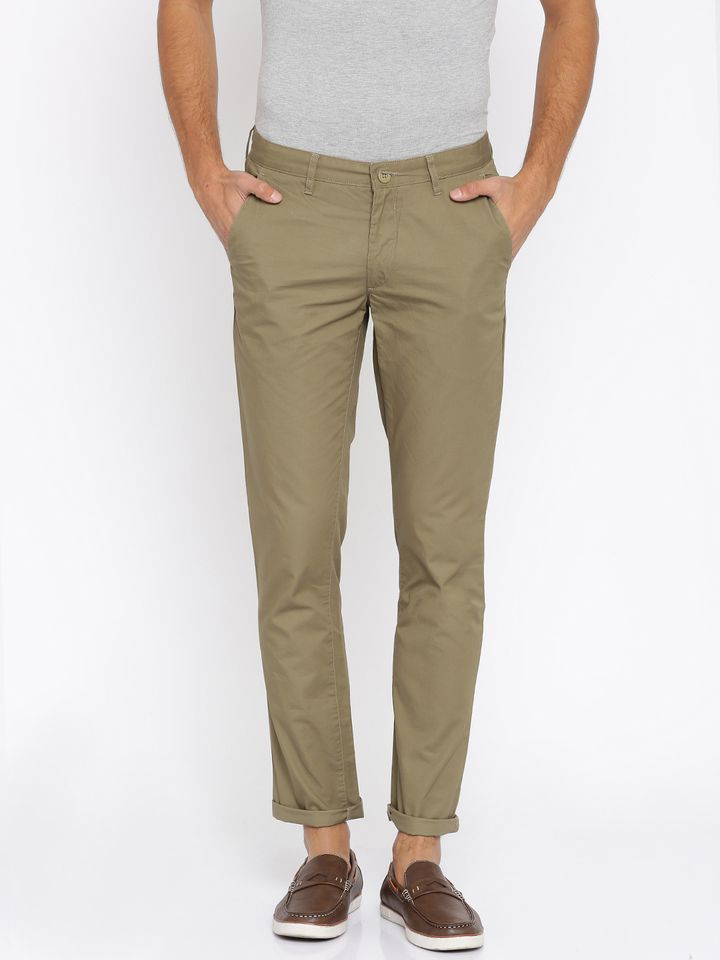John Players Men Olive Brown Slim Fit 