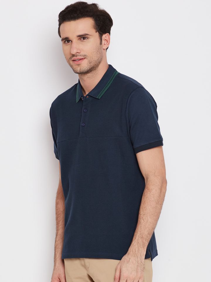 Urban Nomad Men Navy Blue Solid Polo Collar Pure Cotton T shirt