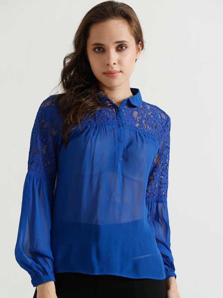 Buy COVER STORY Blue Lace Top - Tops ...